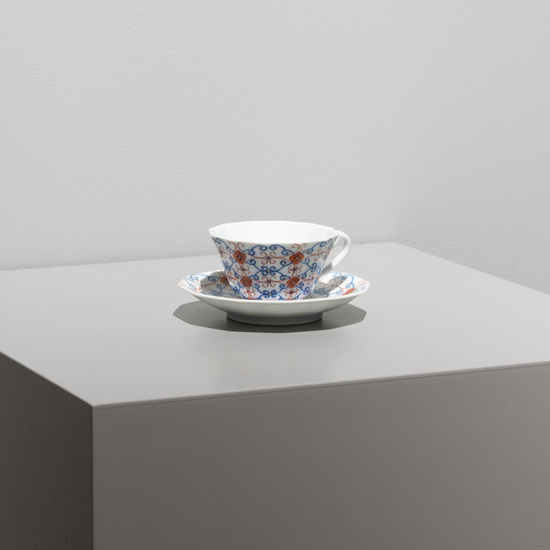 十二角珈琲碗皿 更紗文 赤