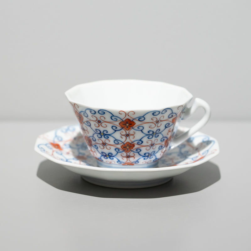 十二角珈琲碗皿 更紗文 赤