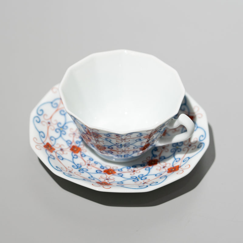 十二角珈琲碗皿 更紗文 赤